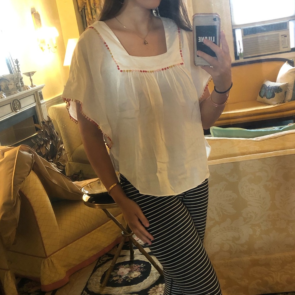 Madewell white flowy top with pom pom detailing